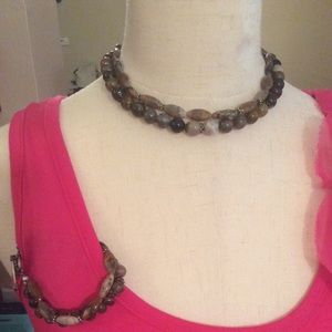 Premier Design 2 piece Brown, Gray, Beige stone necklace and bracelet, preowned